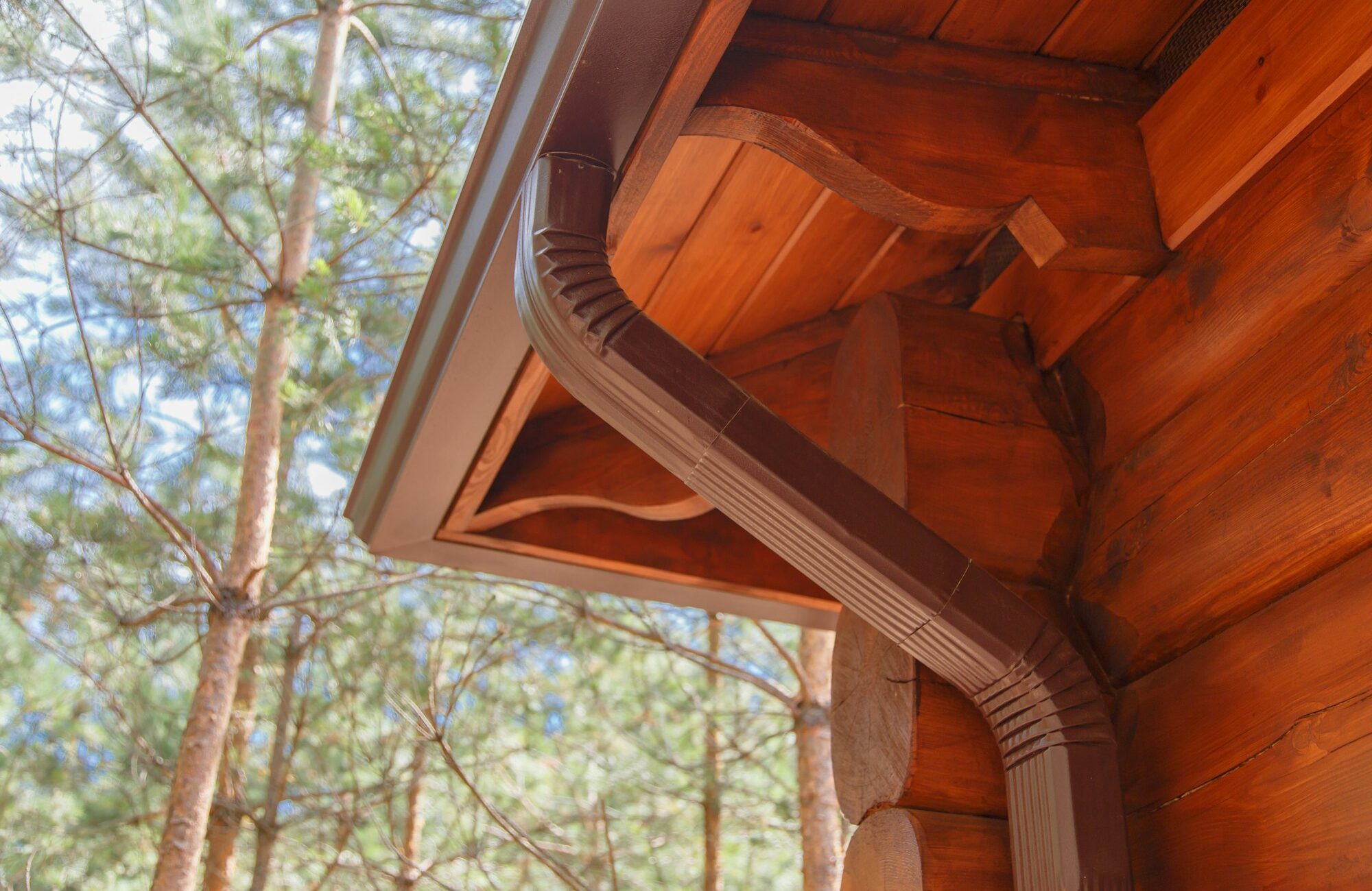 Roof gutter system on log house in forest